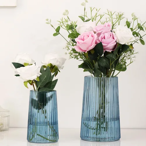 Vista 24 de Jarrón de vidrio ámbar para flores, florero para ramo, jarrones de vidrio modernos, jarrones acanalados para sala de estar, dormitorio, mesa