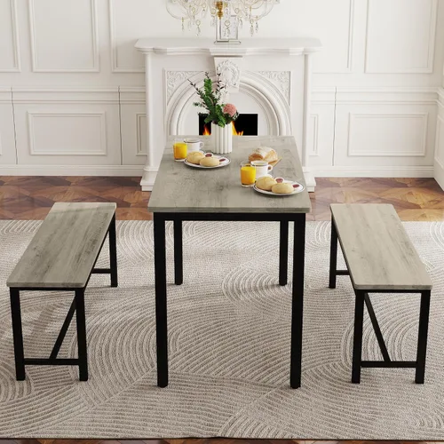 Vista 9 de Juego de mesa de comedor para 4, mesa de cocina con 2 bancos, muebles de comedor de madera de 3 piezas, juegos de sillas de comedor para rincón