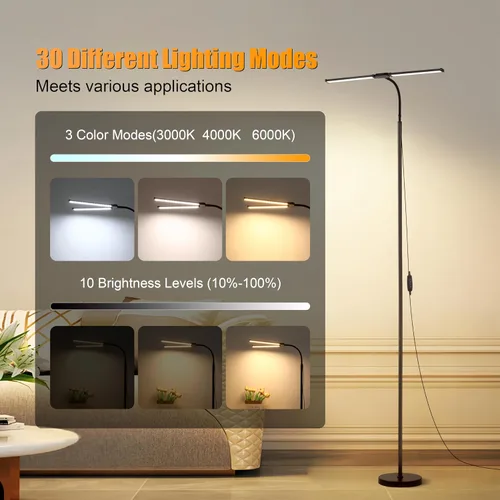 Vista 3 de Lámpara de pie LED, lámparas de pie brillantes de 18W para sala de estar, 3 modos de color 10 niveles de brillo, cuello de cisne flexible ajustable