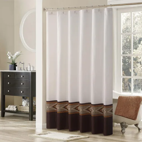 Vista 14 de Arlene - Cortina bohemia con borde bordado cosido azul para ventana, par de paneles de borlas blancas, cada uno de 42 pulgadas de ancho x 84