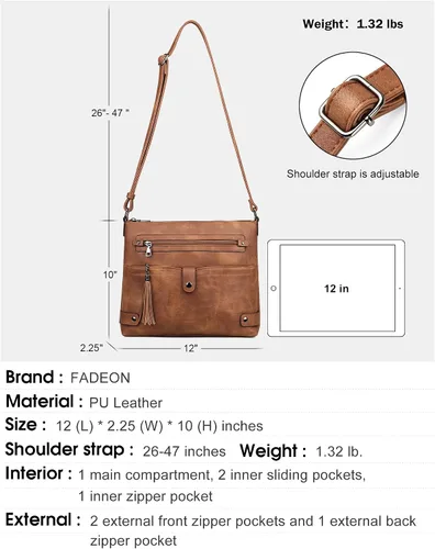 Vista 4 de FADEON Bolsos cruzados grandes para mujer, bolso cruzado de cuero de diseñador, bolso de hombro con múltiples bolsillos