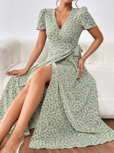 Vista 5 de OYOANGLE Vestido largo de manga corta con cuello en V y estampado floral bohemio para mujer