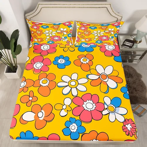 Vista 20 de Juego de ropa de cama con diseño floral bohemio, tamaño individual, diseño retro de flores groovy, 60S y 70S, diseño de flores hippie para niños