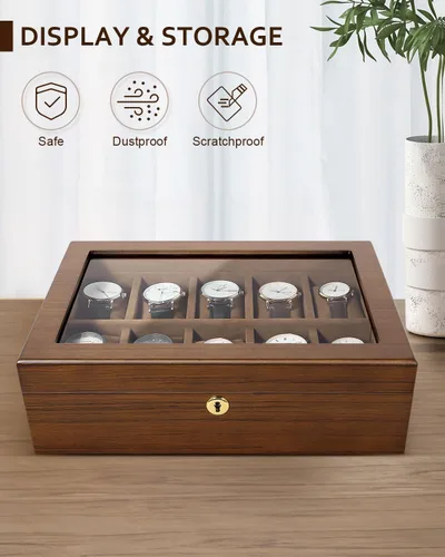 Vista 7 de Uten Caja de reloj con 10 ranuras, organizador de caja de reloj con cerradura dorada y llave, caja de almacenamiento de madera con cojines de reloj