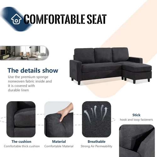 Vista 5 de JY QAQA - Sofá modular convertible, sofá en forma de L con tela de lino moderna, 4 asientos de ancho, tumbona reversible para espacios pequeños