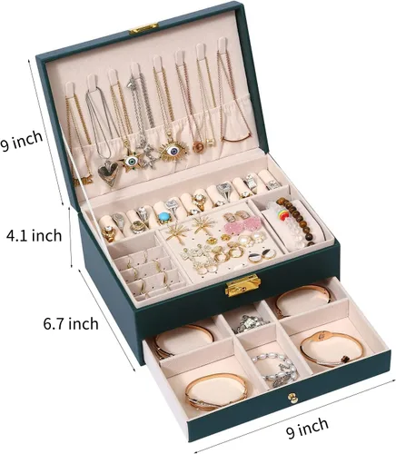 Vista 3 de GUOER Joyero para mujer, niña, esposa, grande, de piel sintética, organizador de joyas, con dos capas, para aretes, pulseras, anillos, relojes