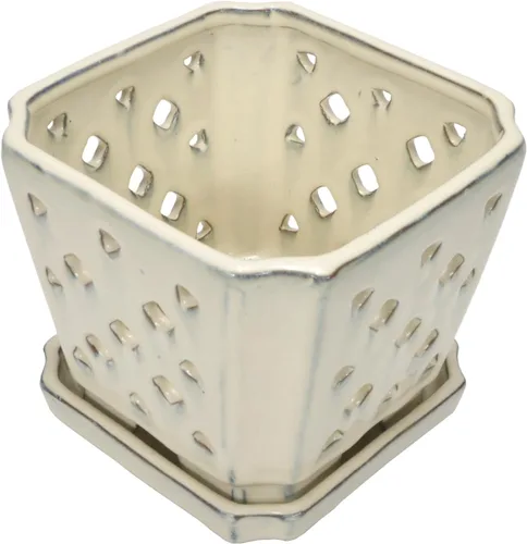 Vista 3 de W&W Orchid Pot with Holes and Saucer for Repotting and Better Grow, Cream White, 7" Blanco crema