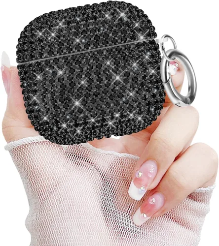 Vista 13 de Newseego Funda para AirPods de 1 y 2 generación, funda de lujo con diamantes de imitación brillantes con llavero para mujeres y niñas, anti-pérdida