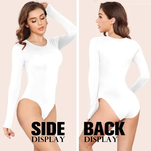 Vista 4 de LAOLASI Body de manga larga con cuello redondo para mujer, ajustado, básico, extensor