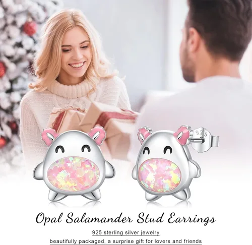 Vista 7 de Aretes hipoalergénicos de axolote de plata de ley 925, joyería de animales, aretes de ópalo, regalos para orejas sensibles, Plata de ley, Ópalo