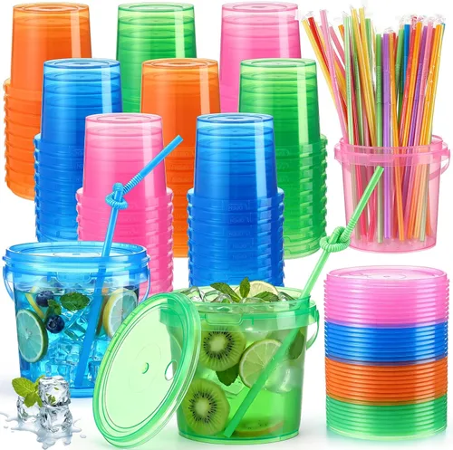 Vista 16 de Funnymoom Paquete de 36 cubos de plástico para ron para bebidas con pajita, cubeta de cóctel para helado, con tapas y asas, recipientes de alimentos