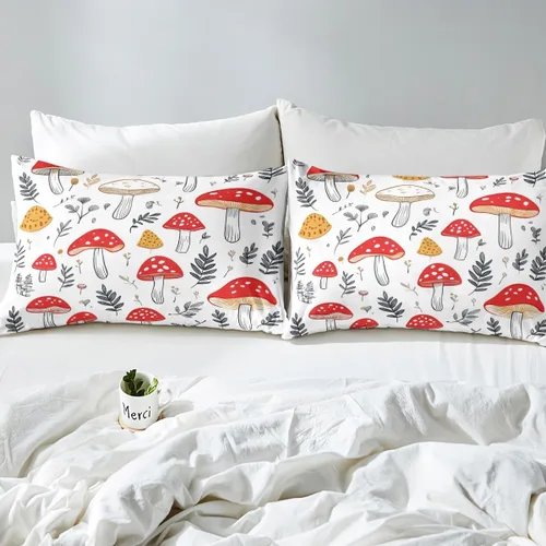 Vista 4 de Erosebridal Juego de sábanas de hongos para niñas, tamaño individual, diseño de hongos de dibujos animados kawaii, plantas botánicas, hojas, sábana