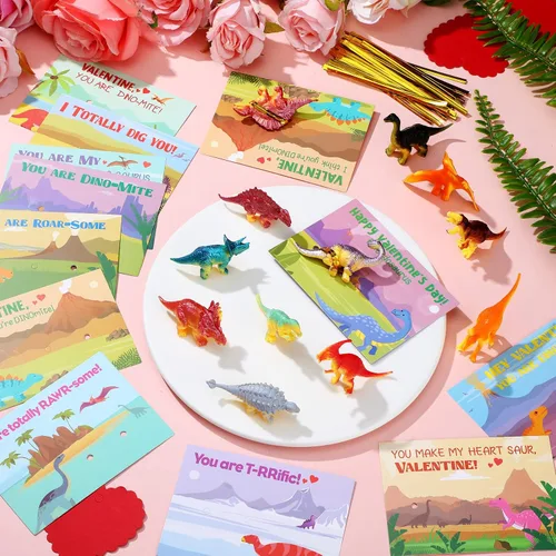 Vista 2 de Juego de 48 tarjetas para el día de San Valentín con juguetes de figuras de dinosaurio, tarjetas de dinosaurio, tarjetas de San Valentín