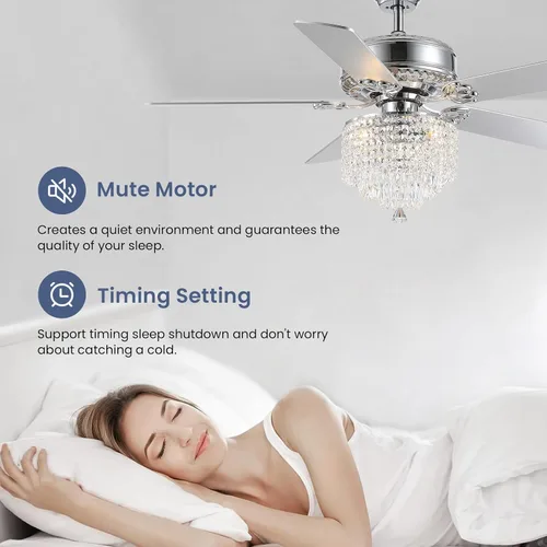 Vista 2 de Ventilador de techo de cristal con luces, ventilador de candelabro moderno con control remoto, ventilador de techo cromado reversible, lámpara