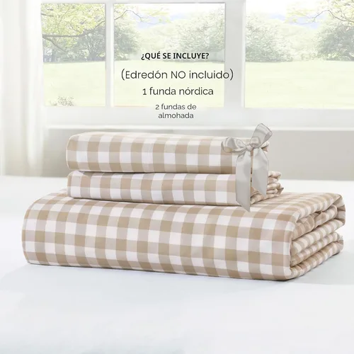 Vista 7 de Andency - Funda de edredón Gingham tamaño Queen, funda de edredón de estilo granjero con volantes en color marrón claro y estilo shabby chic, juego