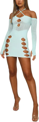 Vista 5 de IMISSILLEB Vestido ajustado de manga larga o corta para mujer, con cuello colgante, para fiesta callejera, para primavera, otoño, casual