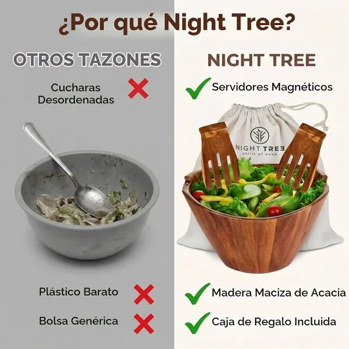 Vista 8 de Night Tree Ensaladera grande de madera con tenedores para servir, juego de ensaladera de madera para alimentos o frutas, utensilios magnéticos aptos