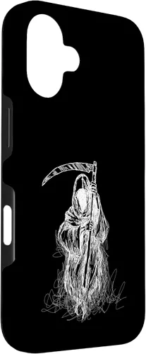 Vista 3 de iPhone 16 Halloween Grim Reaper Ghost with Scythe, Hand Sketch Case