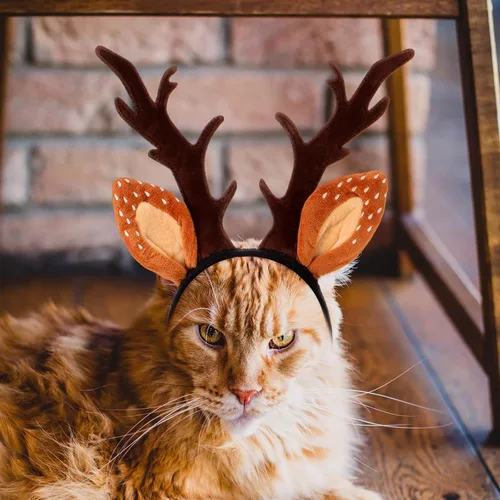 Vista 4 de Hemobllo Diadema de Navidad para perro, cuernos de reno y gato, clásico, ajustable, sombrero de alce para gatos y gatitos, cómoda diadema de cuernos