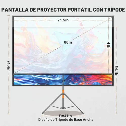 Vista 4 de Pantalla de proyector con soporte, pantalla de proyección interior de 80 pulgadas con respaldo negro, pantalla de proyector portátil con trípode