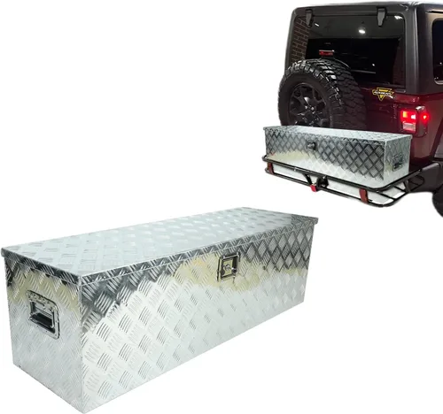 Vista 11 de Caja de herramientas de aluminio resistente de 16 x 7.5 x 10 pulgadas, caja de herramientas de camión con patrón de 5 barras de banda de rodadura