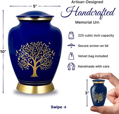 Vista 2 de AmericUrn Blue Tree of Life Urnas de Cremación Personalizadas con Grabado Personalizado para Cenizas Humanas – Conjunto Memorial para Adultos