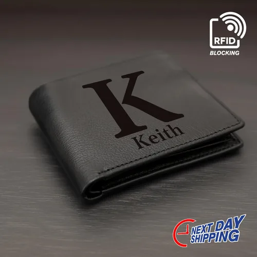 Vista 4 de Cartera personalizada grabada de cuero de grano completo con bloqueo RFID, carteras personalizadas, billetera personalizada de cuero genuino