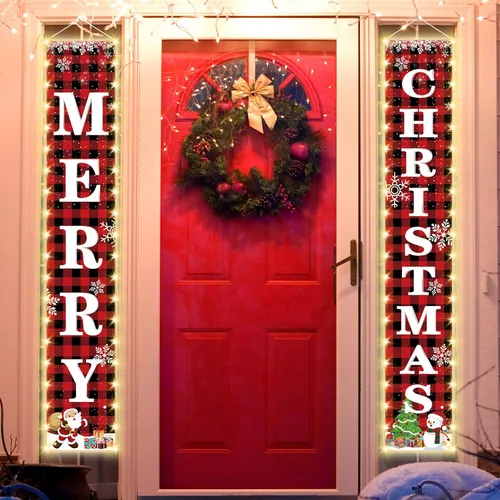 Vista 7 de Cartel iluminado de Feliz Navidad de 71 x 12 pulgadas para puerta, porche, patio, decoración festiva de Navidad, decoración temática de vacaciones