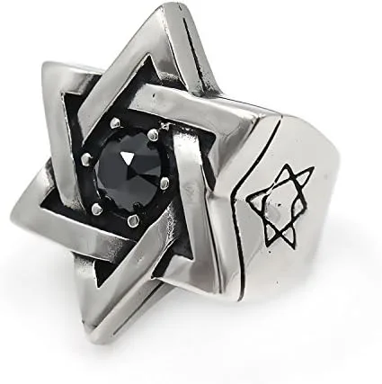 Vista 2 de Mens Cubic Zirconia Stainless Steel Ring, Vintage Star of David, Black Silver