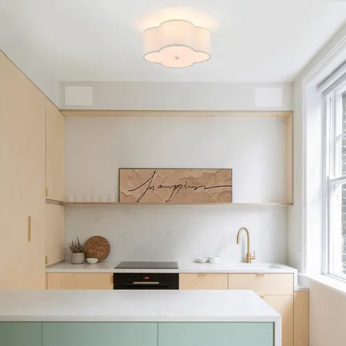 Vista 2 de Lámpara de techo semiempotrada, moderna lámpara cercana al techo con pantalla de tambor de tela blanca crema para guardería, habitación de niños