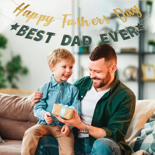 Vista 4 de Pancarta dorada con texto en inglés «Happy Father's Day» para el Día del Padre, decoración de fiesta del padre, guirnalda de fondo para el día