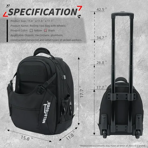 Vista 7 de MELOTOUGH Bolsa de herramientas rodante con ruedas, gran bolsa de herramientas resistente para hombres con 35 bolsillos y mango telescópico