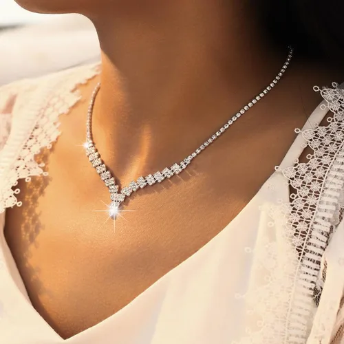 Vista 4 de JAKAWIN Rhinestone novia boda joyería conjunto plata cristal collar pendiente conjunto brillante joyería nupcial para las mujeres (paquete de 3)