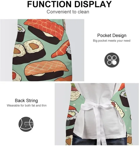 Vista 6 de MUSM Sushi Food Pattern Apron，Classic Vintage Funny with Pockets Aprons,Adjustable Bib Waterdrop Resistant for Kitchen Cooking Restaurant BBQ
