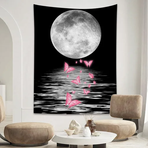 Vista 29 de LB Tapiz pequeño de luna llena sobre océano, tapiz de pared de cielo nocturno estrellado, fantasía 3D, arte de pared de luna grande en blanco
