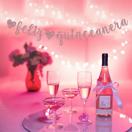 Vista 3 de Cartel de Feliz Quinceañera, oro rosa con purpurina Happy Quinceañera/Princesa De Quince/Mis Quince 15, suministros de decoración de fiesta
