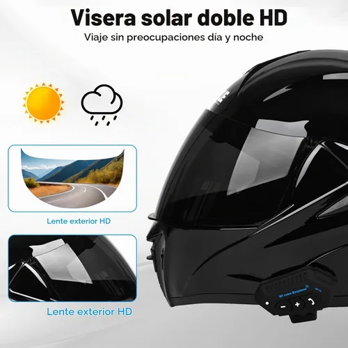 Vista 4 de Casco modular de motocicleta Bluetooth aprobado por DOT/ECE de cara completa, abatible, antivaho, doble visera, casco con altavoz dual integrado