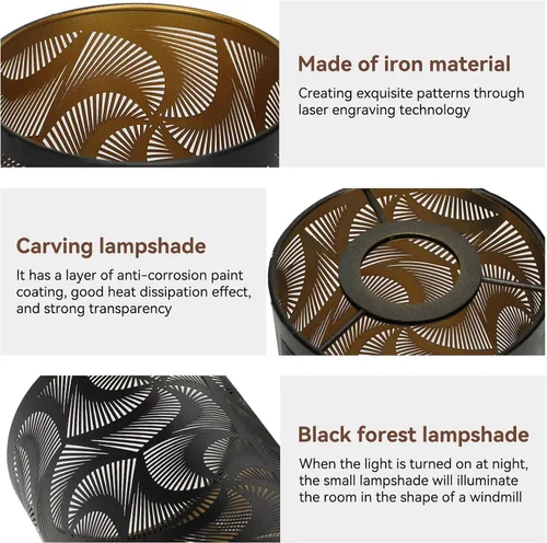 Vista 6 de Pantalla de lámpara de tambor grande de metal de corte negro, pantalla de metal de barril, cubierta de sombra de luz decorativa para mesita