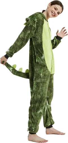 Vista 4 de CALANTA Mono de dinosaurio para adultos, disfraz de dragón T-Rex Animal para mujer, pijama de felpa de una pieza, cosplay, Halloween, Navidad