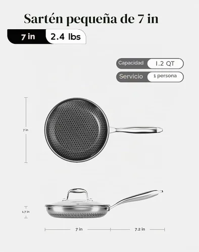 Vista 2 de Sartén antiadherente con tapa de 7 pulgadas, sartén de acero inoxidable duradera, compatible con placa de inducción, sin PFOA, a prueba de arañazos