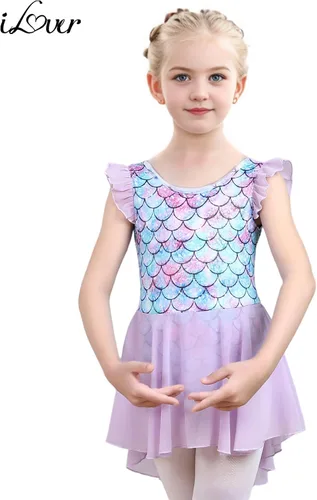 Vista 2 de iLover Vestido de leotardo clásico con mangas con volantes para niñas, para danza, gimnasia y ballet