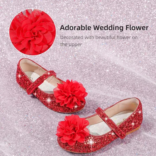 Vista 4 de Parrosoo Zapatos de vestir para niñas, zapatos brillantes Mary Jane, zapatos de ballet con purpurina, tacón bajo, para niña, escuela, princesa