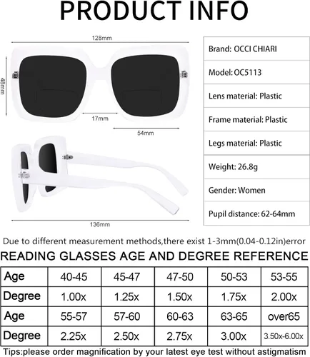 Vista 6 de OCCI CHIARI Bifocal Sunglasses Reading Glasses for Women Large Reader 1.0 1.5 2.0 2.5 3.0 3.5 UV400 Blue Light Filter