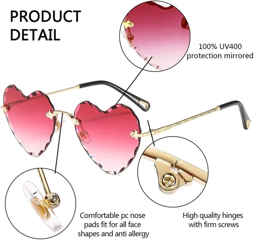 Vista 4 de Dollger Lentes de sol con forma de corazón, con marco de metal fino, sin marco, con forma de corazón, con protección UV400 para mujer