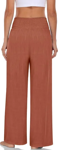 Vista 3 de TARSE Pantalones palazzo de lino de verano para mujer, estilo bohemio, cintura alta, pierna ancha, casual, pantalones largos con bolsillos
