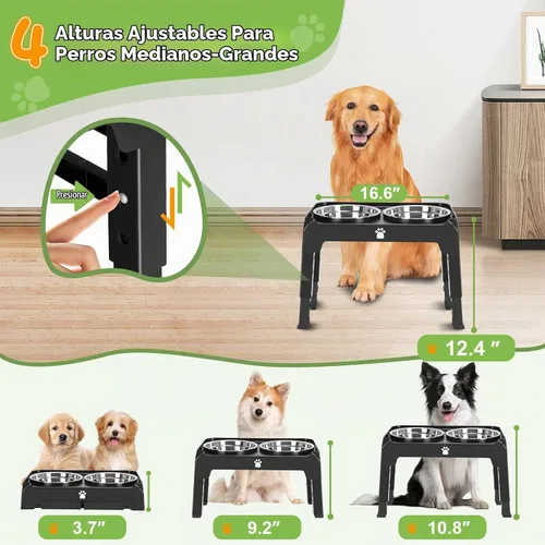 Vista 2 de Tazones elevados con alturas ajustables, soporte elevado con 2 cuencos de acero inoxidable, comedero plegable antideslizante para perros medianos