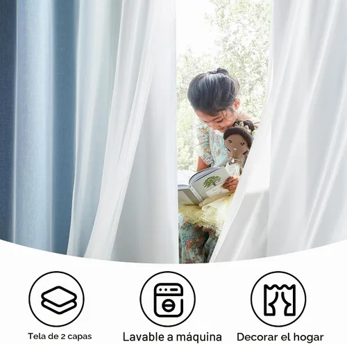 Vista 7 de Cortinas 100% opacas con superposición de gasa Mix and Match de doble capa, 54 pulgadas de largo, 2 paneles para dormitorio y sala de estar, azul
