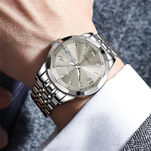 Vista 3 de OLEVS Reloj para hombre de acero inoxidable, cronógrafo, cara grande, fácil de leer, relojes analógicos de cuarzo de lujo, impermeables, con fecha