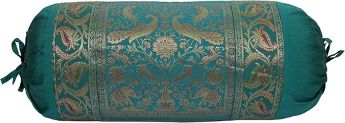 Vista 3 de Funda de almohada rectangular de seda brocado de jacquard étnico para yoga, cilíndrico, perrito caliente, tubo verde oscuro, sala de estar