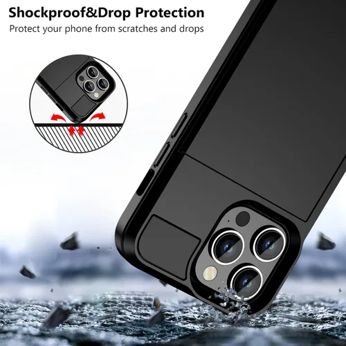Vista 6 de Vofolen - Funda para iPhone 15 Pro con tarjetero, color negro Dual Layer Shockproof Wallet Phone Case, Hidden Card Slot Sliding Protective Hard